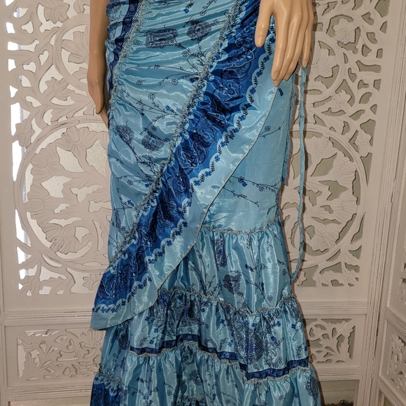 Exotic Silk Ocean & Royal Blue Print Boho Wrap Maxi Skirt - Picture 4 of 6